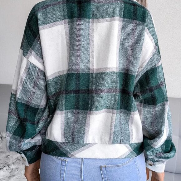 Women's Size L Green Plaid Shacket Wool Blend Long Sleeve Shirt Button Down Casu - Picture 4 of 7